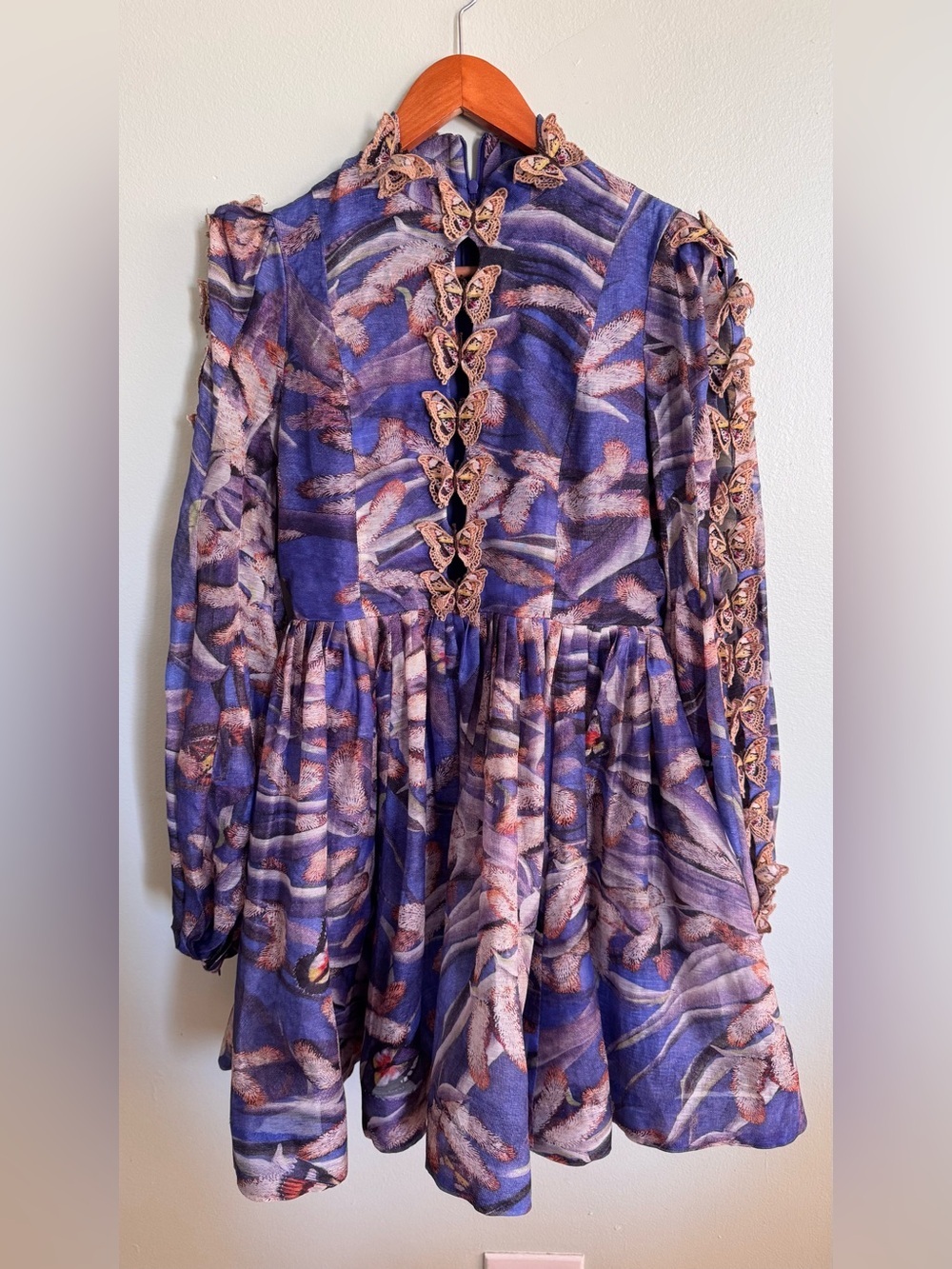 Purple Butterfly-Trim Tiered Floral Dress